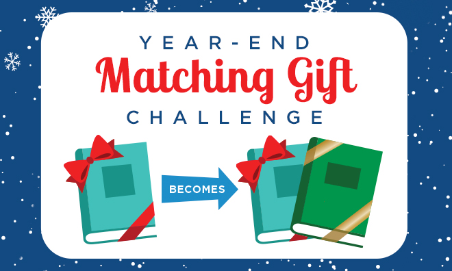 One book becomes two with RIF's Year-End Matching Gift Challenge. On the left side, a teal book with a red ribbon is stacked on the right side with a dark green book with a gold ribbon.