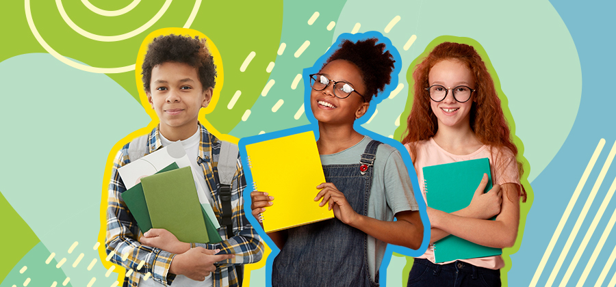 middle school kids with books and decorative background